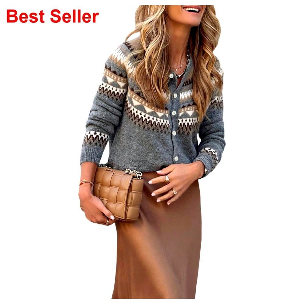 Fair Isle Cardigan Sweater Button Down Crew Neck Long Sleeve Knit